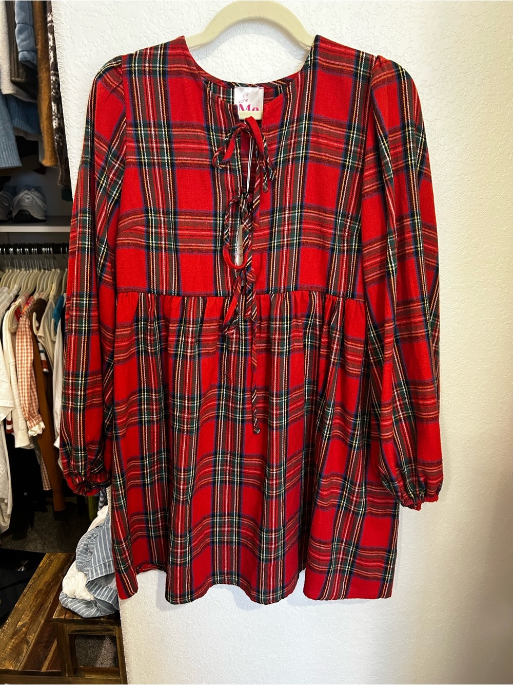 NWT Red Plaid Lace-Up Peasant Dress